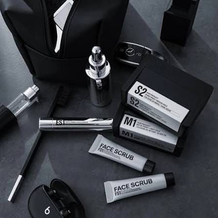 Patrick's Test Pilot products: S2 conditioner, M1 shampoo, and FS1 face scrub
