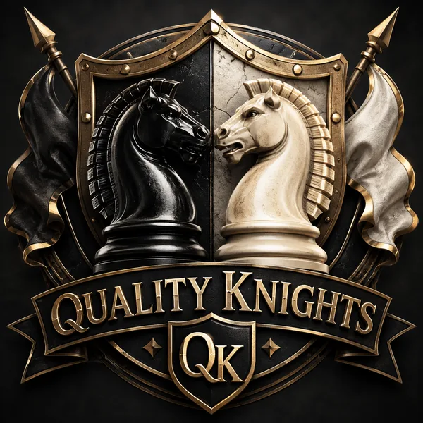 The Quality Knights crest: a black knight and a white knight facing each other across a divided shield